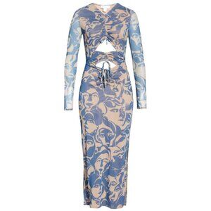 Topshop Faces Print Cutout Abstract Long Sleeve Maxi Dress SZ 8-10